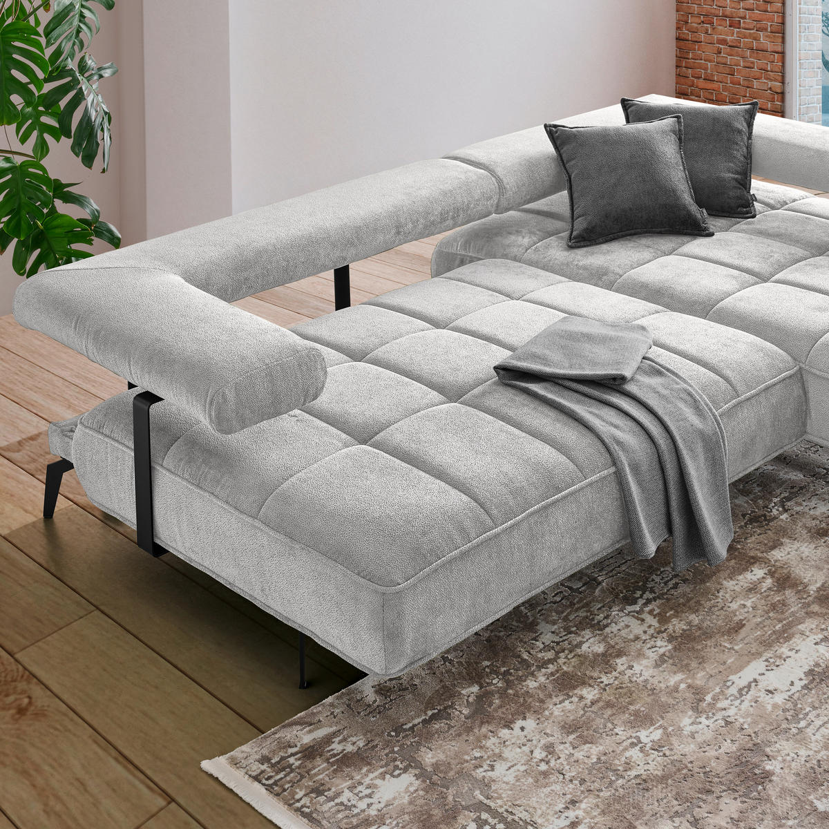 ECKSOFA in Webstoff Grau  - Schwarz/Grau, Design, Textil/Metall (266/180cm) - Welnova