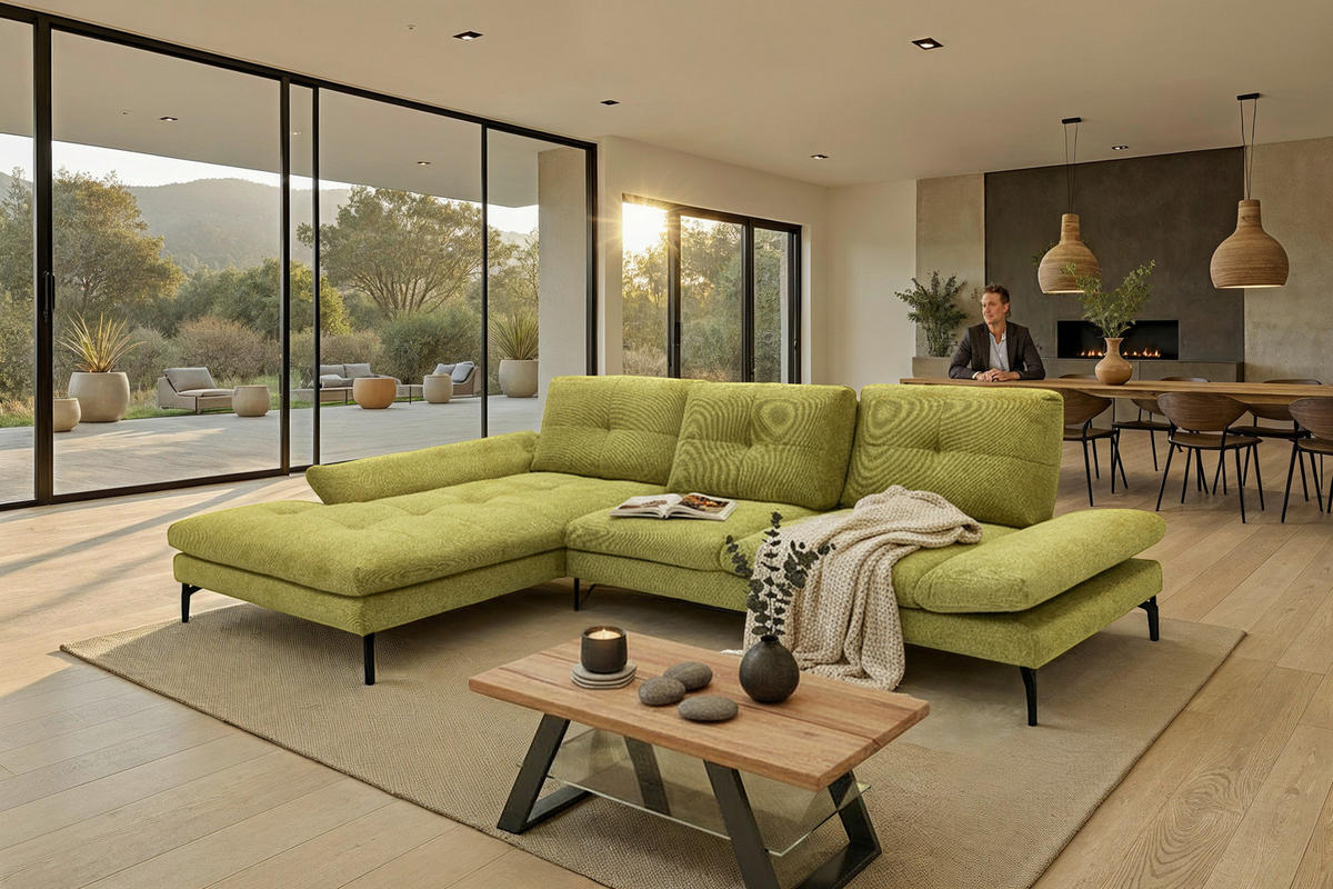 ECKSOFA Hellgelb Struktur Rücken echt  - Hellgelb/Schwarz, Design, Textil/Metall (203/340cm) - Chilliano