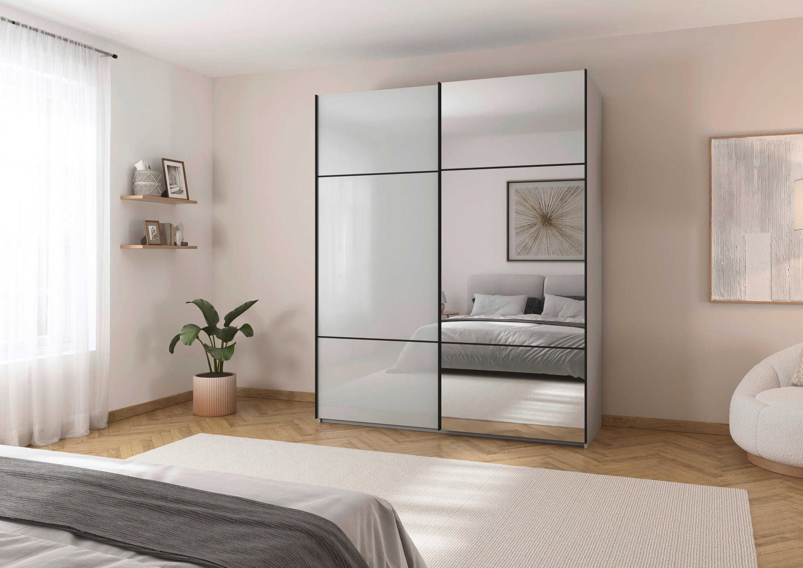 SCHWEBETÜRENSCHRANK 201/223/68 cm 2-türig Grau  - Schwarz/Grau, KONVENTIONELL, Glas/Holzwerkstoff (201/223/68cm) - Novel