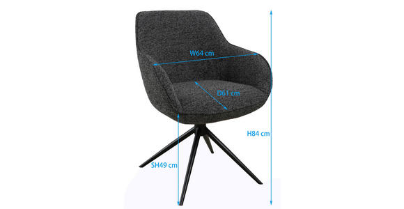 ARMLEHNSTUHL  in Eisen Leinenoptik  - Anthrazit/Schwarz, Design, Textil/Metall (64/84/61cm) - Novel