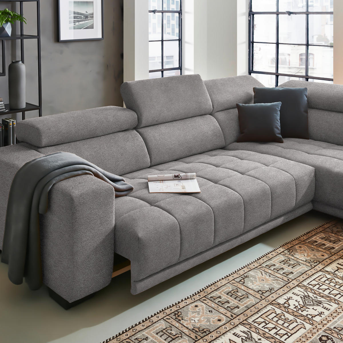 ECKSOFA in Mikrofaser Hellgrau  301/207 cm  - Hellgrau/Schwarz, Design, Textil/Metall (301/207cm) - Xora