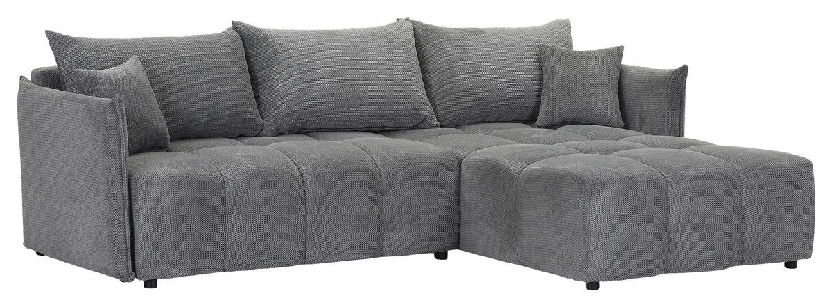ECKSOFA Grau Plüsch Zierkissen, Rückenkissen, Bettkasten, Schlaffunktion, Rücken echt, Liegefläche im Originalstoff  - Schwarz/Grau, KONVENTIONELL, Kunststoff/Textil (253/192cm) - Carryhome
