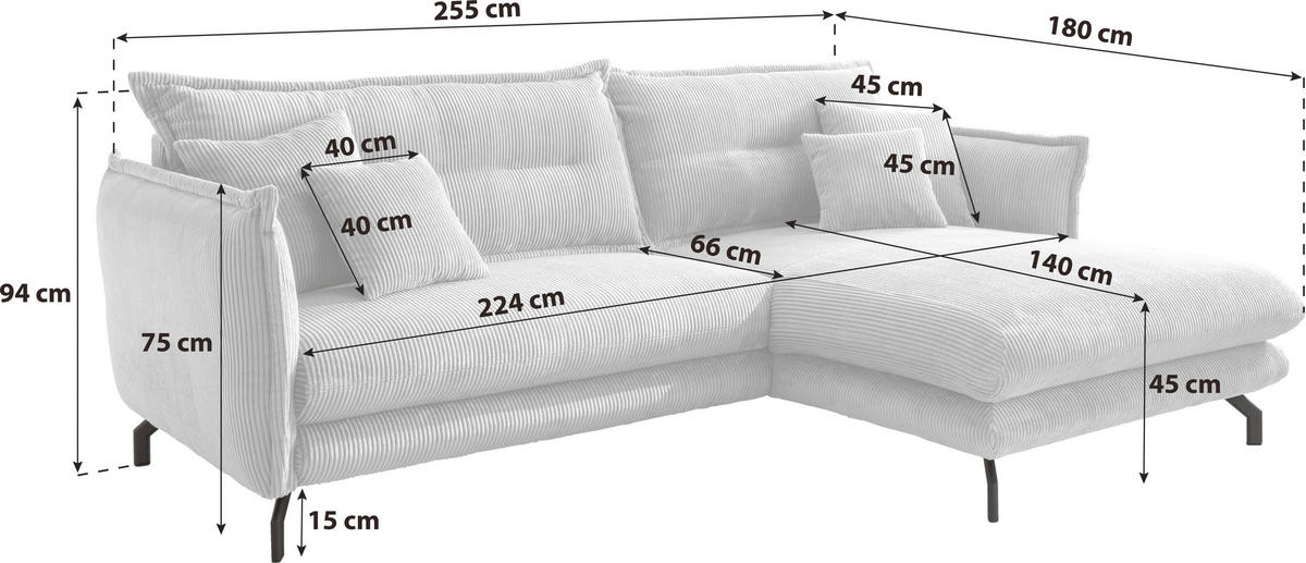 ECKSOFA in Cord Graubraun  - Graubraun/Schwarz, Modern, Textil/Metall (255/180cm) - Livetastic