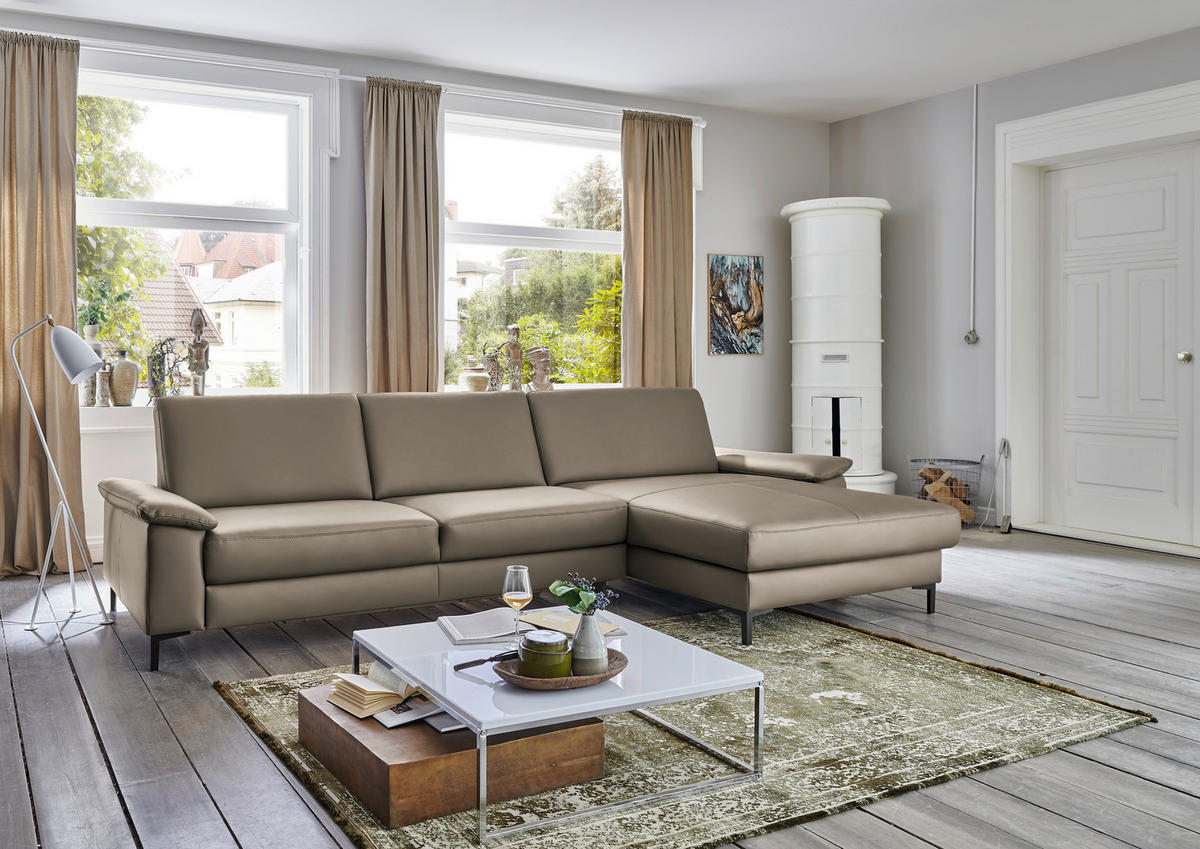 ECKSOFA in Echtleder Graubraun  - Graubraun/Schwarz, Design, Leder/Metall (334/176cm) - Dieter Knoll