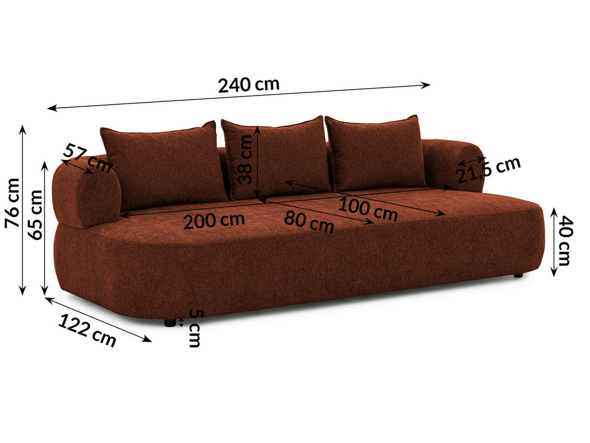 BIGSOFA Chenille Rostfarben  - Rostfarben/Schwarz, Design, Kunststoff/Textil (240/76/122cm) - Livetastic