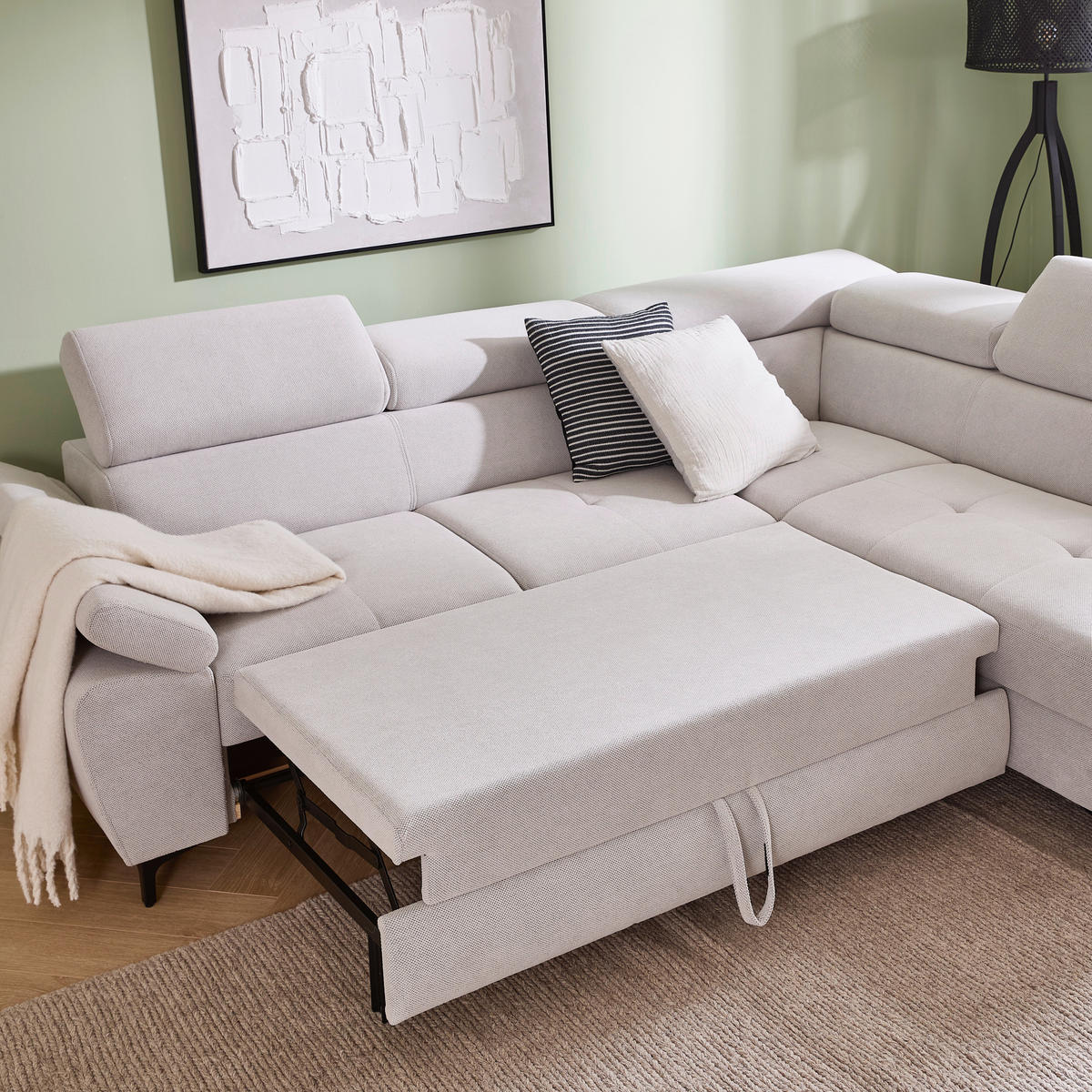 ECKSOFA in Flachgewebe Beige  - Beige/Schwarz, Design, Textil/Metall (266/206cm) - Stylife