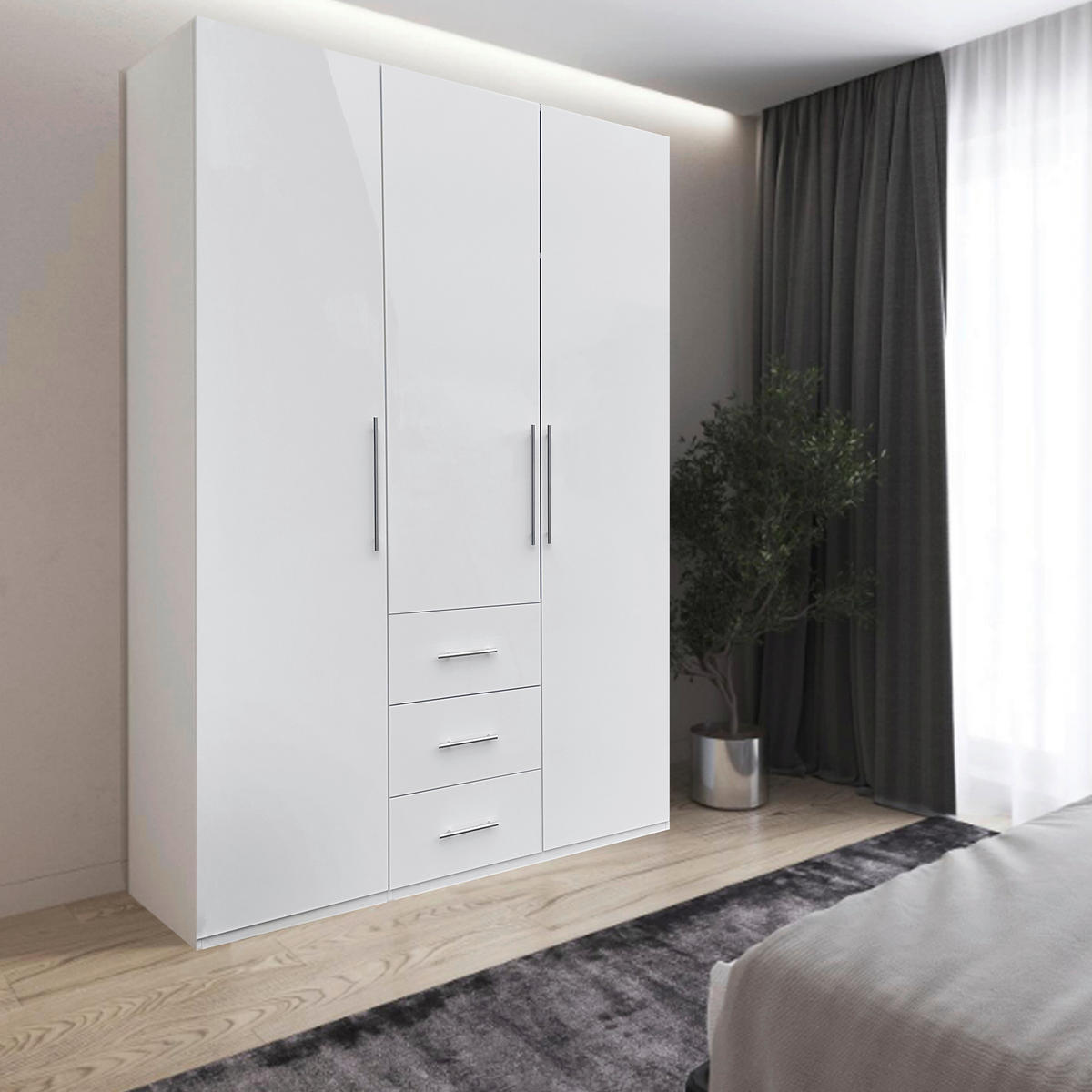 KLEIDERSCHRANK 147/219/59 cm 3-türig Weiß Hochglanz, Weiß  - Weiß Hochglanz/Alufarben, KONVENTIONELL, Holzwerkstoff/Metall (147/219/59cm) - Carryhome