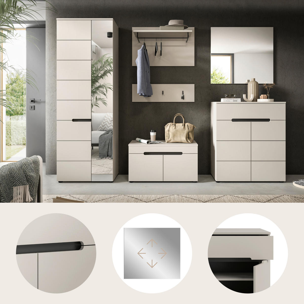 GARDEROBE 5-teilig  in 255/190/37 cm  - Kaschmir/Grau, Design, Holzwerkstoff (255/190/37cm) - MID.YOU