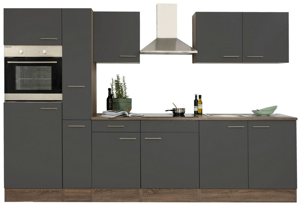 KÜCHENBLOCK 300 cm   in Grau, Eichefarben  - Edelstahlfarben/Eichefarben, Design, Holzwerkstoff/Metall (300cm) - Respekta