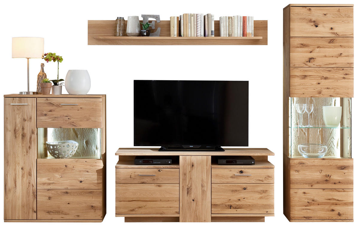 WOHNWAND  in Eichefarben  320/208/45 cm  - Eichefarben/Schwarz, Design, Glas/Holz (320/208/45cm) - Livetastic