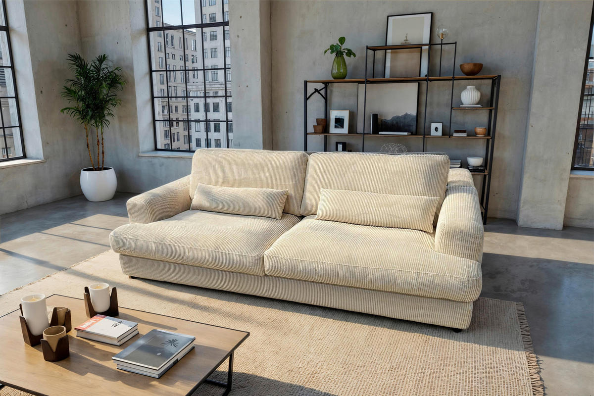 MEGASOFA  in Cord Creme  - Creme/Schwarz, MODERN, Kunststoff/Textil (260/85/112cm) - Lomoco