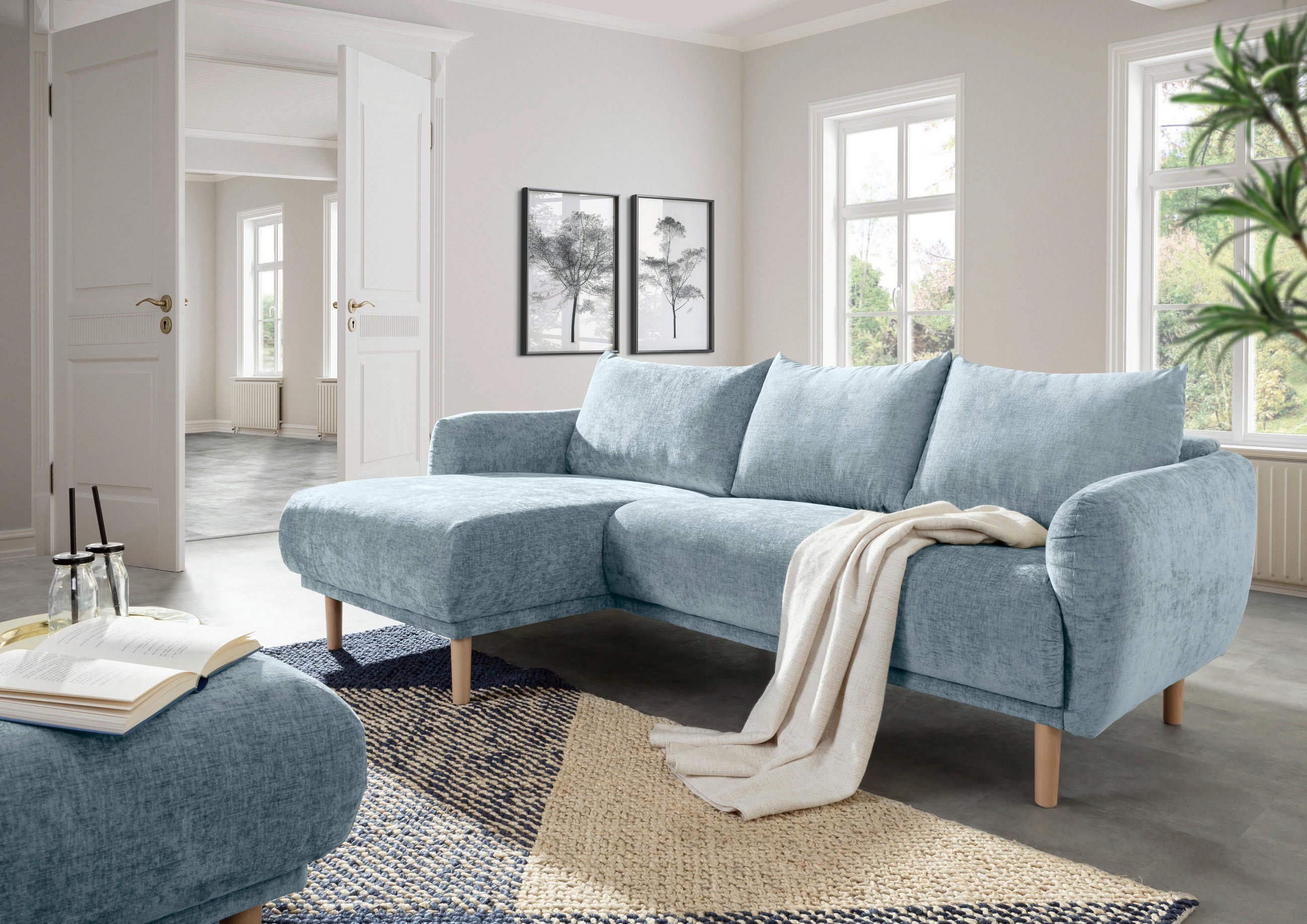 ECKSOFA Blau Flachgewebe  - Blau/Buchefarben, KONVENTIONELL, Holz/Textil (144/230cm) - Carryhome