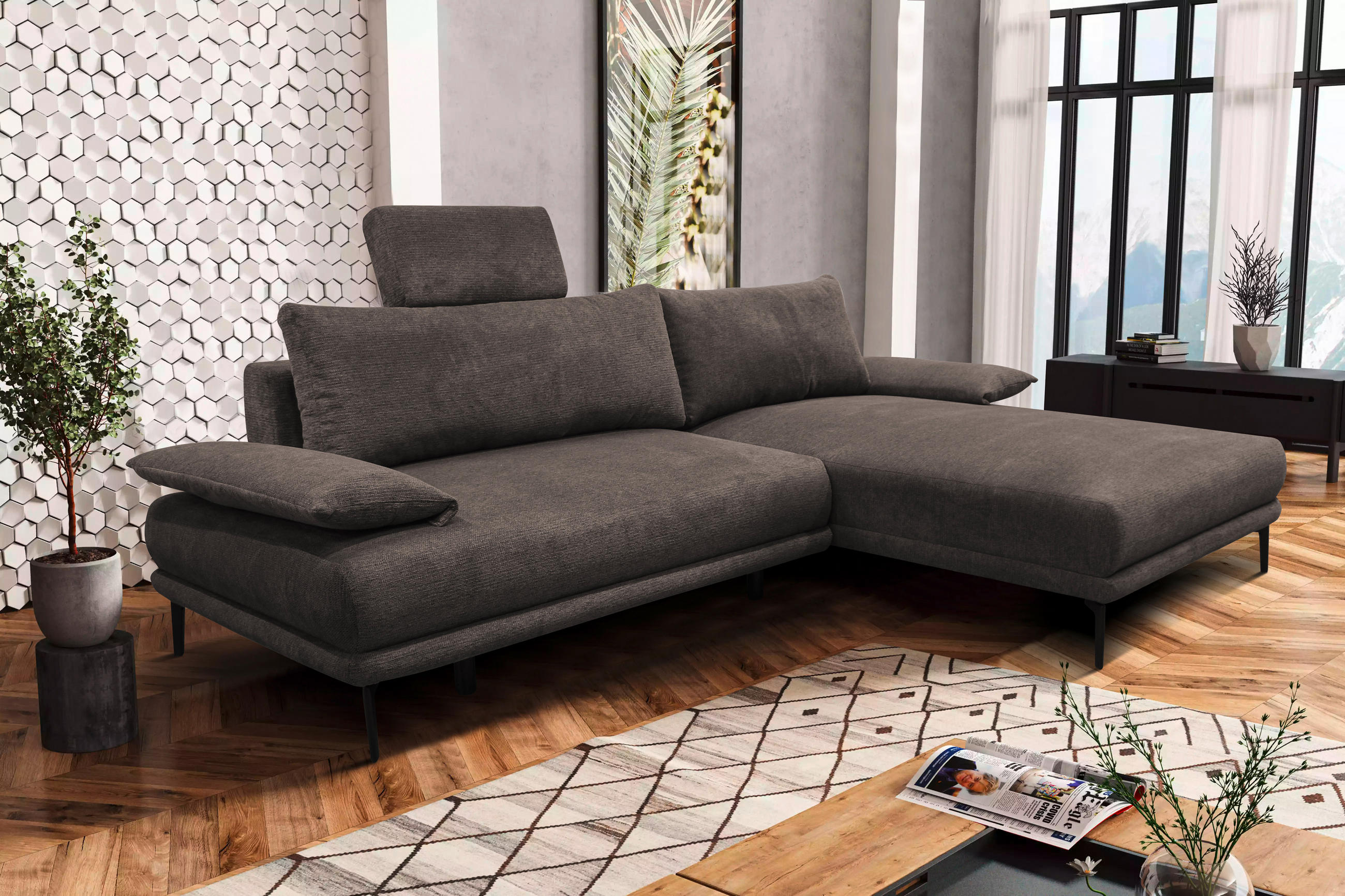 ECKSOFA Graubraun Webstoff  - Graubraun/Schwarz, Design, Textil/Metall (260/192cm) - MID.YOU