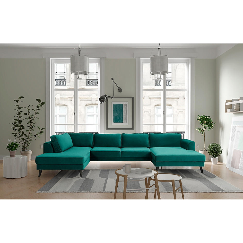 WOHNLANDSCHAFT in Samt, Velours Petrol  - Wengefarben/Petrol, Modern, Holz/Textil (201/85/354cm) - Trendmanufaktur