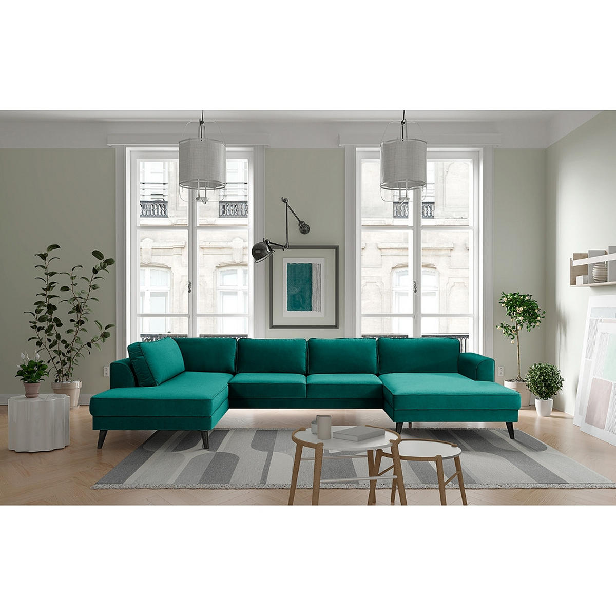 WOHNLANDSCHAFT in Samt, Velours Petrol  - Wengefarben/Petrol, MODERN, Holz/Textil (201/85/354cm) - Trendmanufaktur