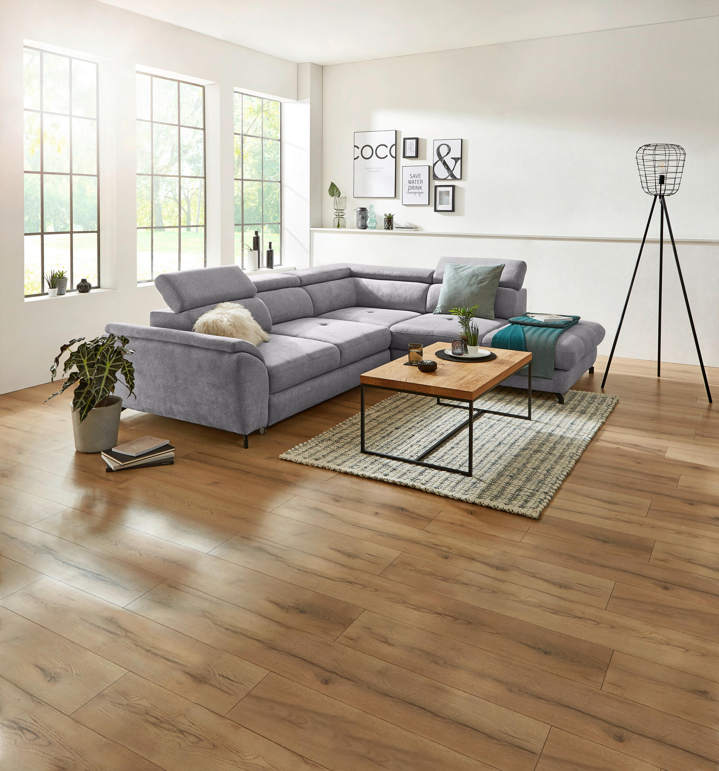 ECKSOFA inkl. Funktion Hellgrau Webstoff  - Hellgrau/Schwarz, Design, Textil/Metall (277/237cm) - Stylife