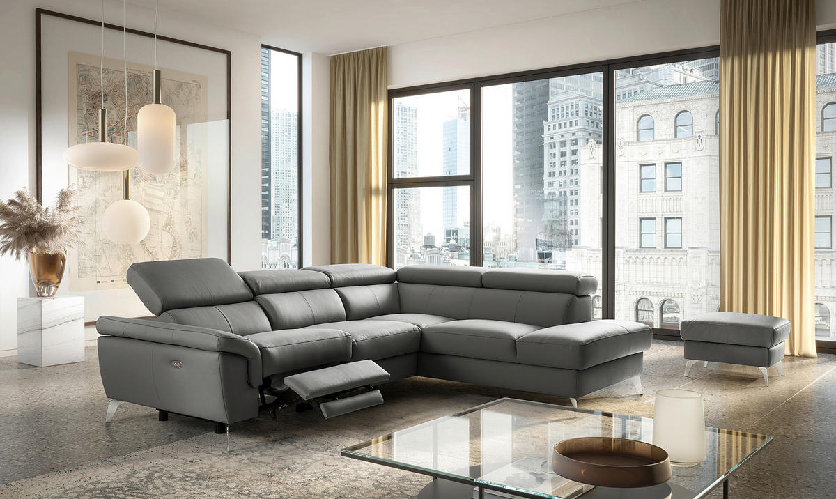 ECKSOFA Anthrazit Echtleder Lederlook Rücken echt, Armteilverstellung, Relaxfunktion, Kopfteilverstellung  - Chromfarben/Anthrazit, Design, Leder/Textil (252/179cm) - Livetastic