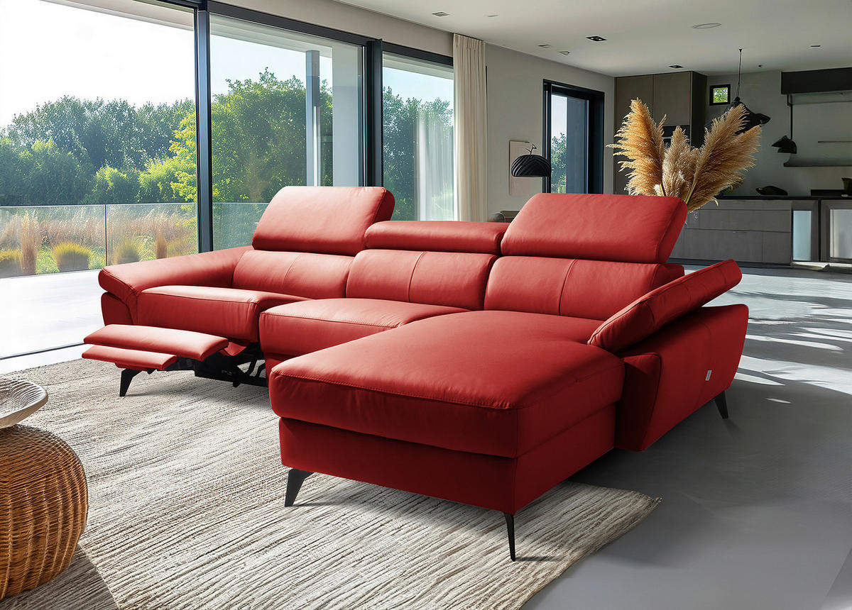 ECKSOFA Rot Echtleder Lederlook Rücken echt, Armteilverstellung, Relaxfunktion, Kopfteilverstellung  - Rot/Schwarz, Design, Leder/Textil (252/179cm) - Livetastic
