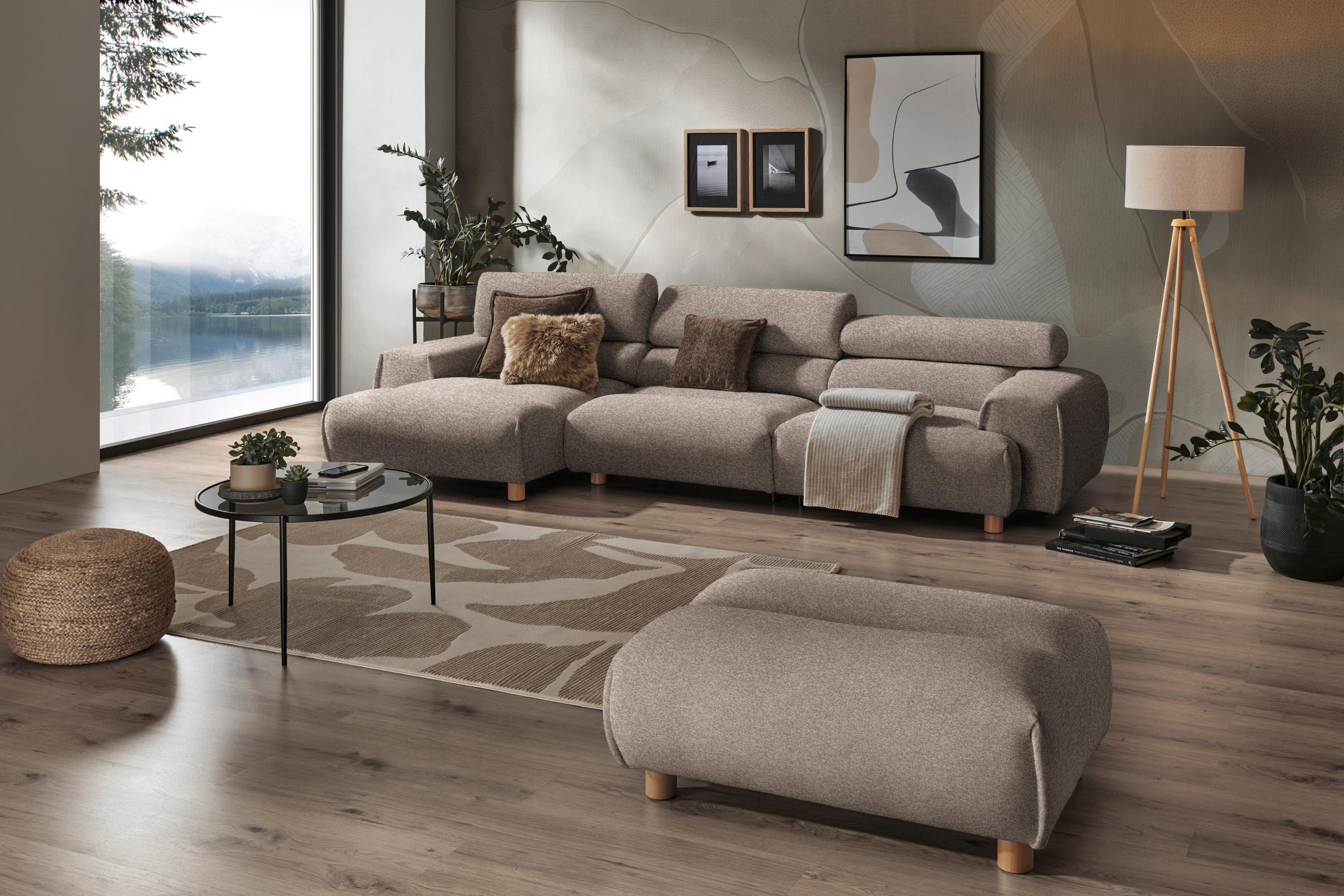 HÖRNSOFFA i velour ljusbrun  - ljusbrun, Natur, trä/textil (150/329cm) - Livetastic