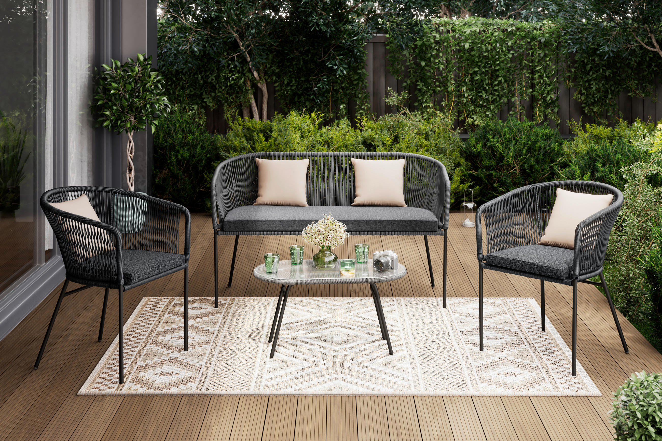 GARTENSESSEL-SET Stahl Grau, Schwarz  - Schwarz/Grau, MODERN, Textil/Metall (56/59/72cm) - Ambia Garden