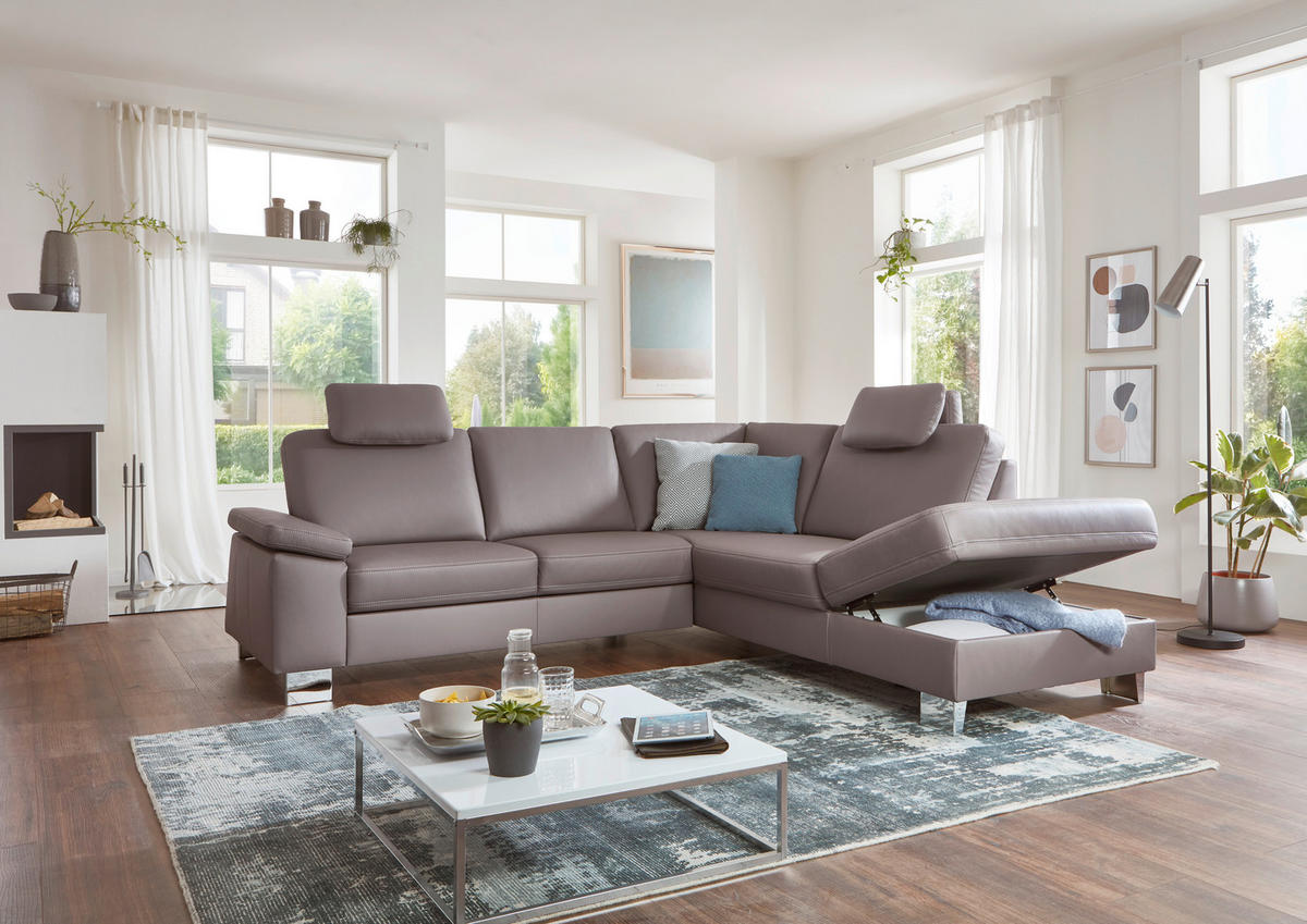 ECKSOFA in Echtleder Hellgrau  248/235 cm  - Beige/Hellgrau, Design, Leder/Metall (248/235cm) - Beldomo Premium