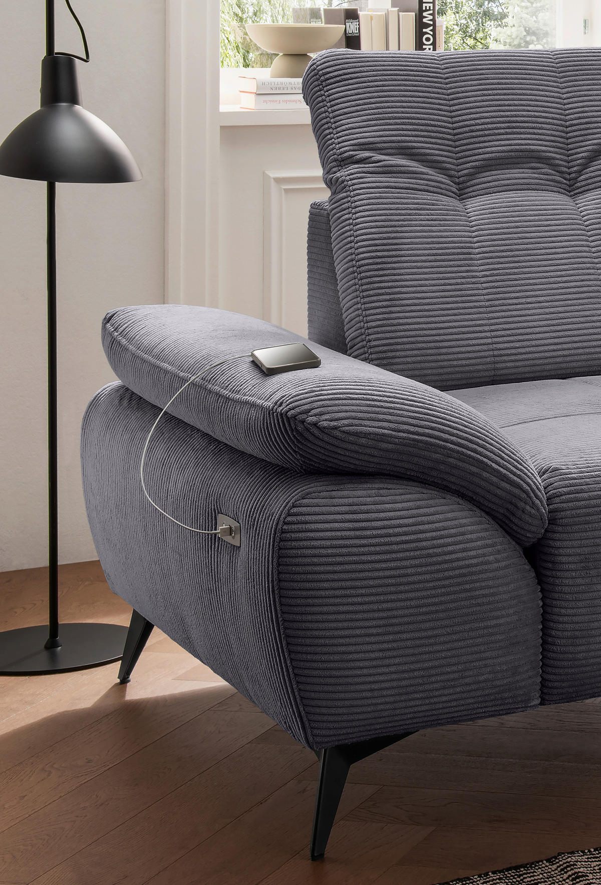 ECKSOFA FIORE Grau Cord Kopfteilverstellung, Sitzvorzug  - Schwarz/Grau, MODERN, Textil/Metall (280/180cm) - Livetastic