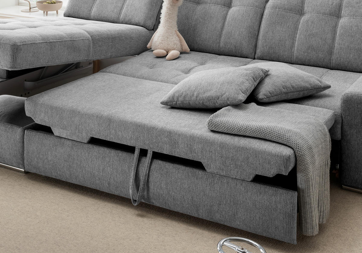 ECKSOFA FRIDO Dunkelgrau Chenille Bettkasten, Schlaffunktion, Kopfteilverstellung, Sitztiefenverstellung  - Chromfarben/Dunkelgrau, KONVENTIONELL, Textil/Metall (186/283cm) - Livetastic