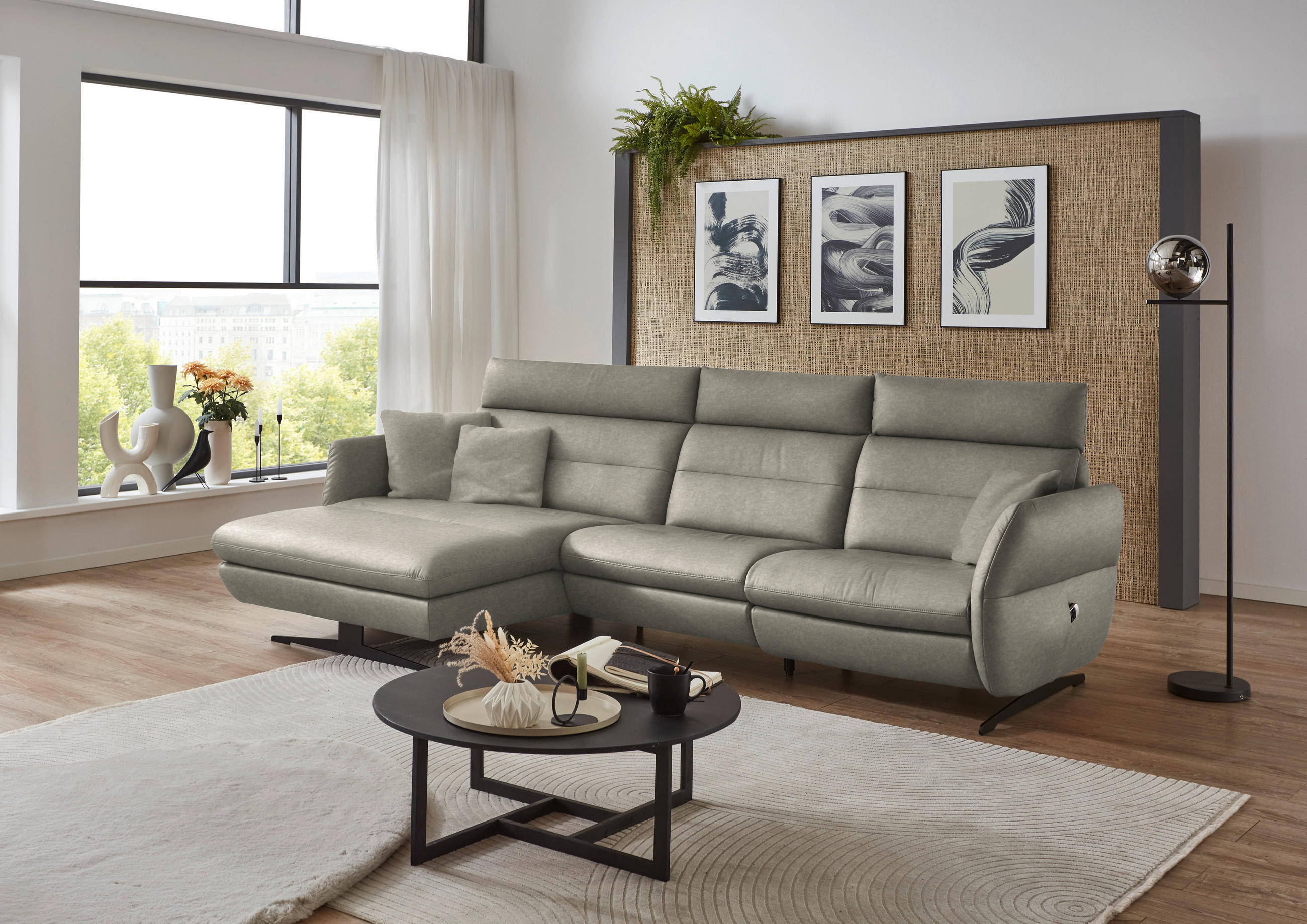 ECKSOFA in Echtleder Hellgrau  - Hellgrau/Schwarz, Design, Leder/Metall (169/298cm) - Dieter Knoll