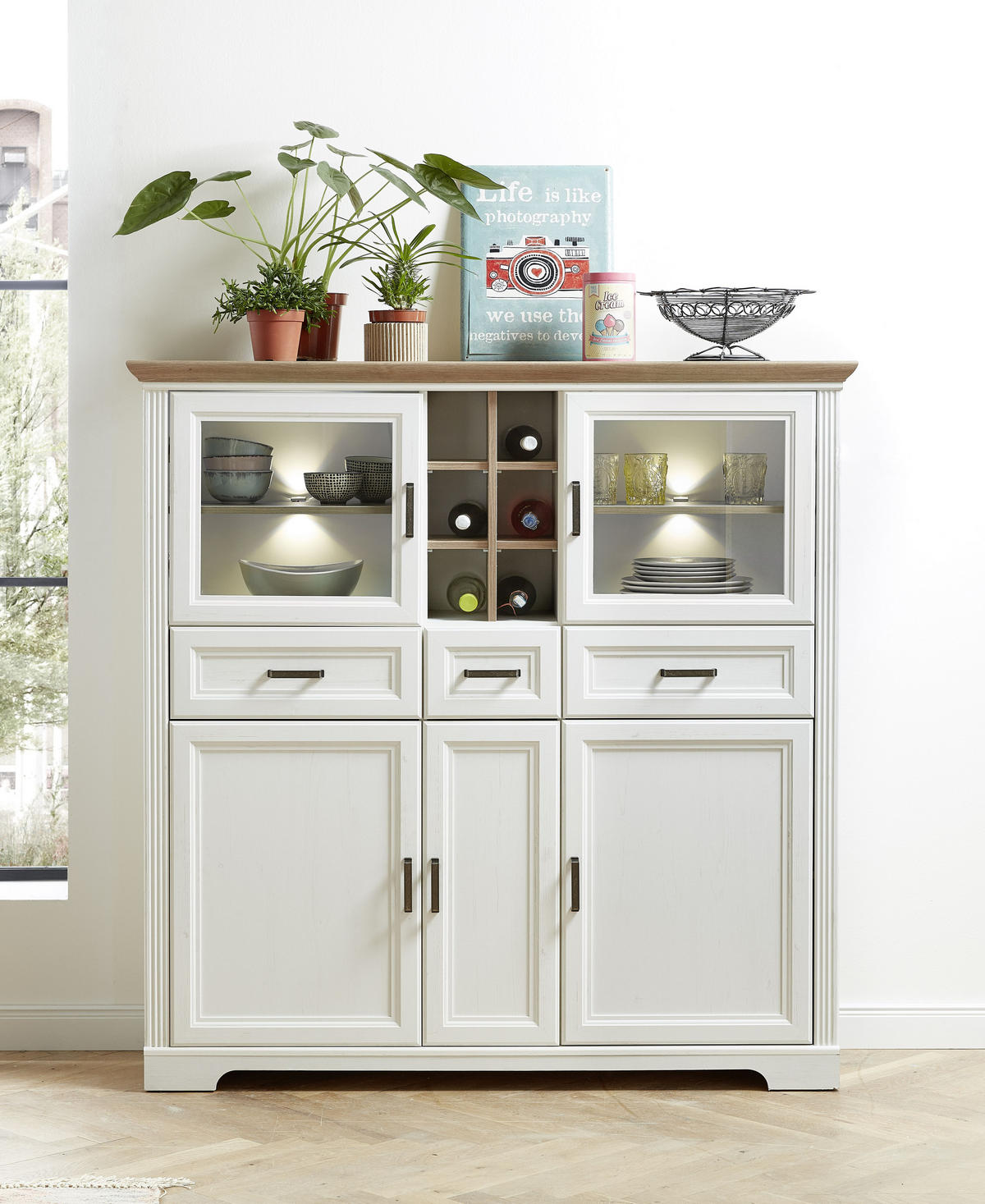 VYSOKÁ KOMODA, biela, farba duba, 143/150/42 cm - biela/farba duba, Romantik / Landhaus, kov/kompozitné drevo (143/150/42cm) - Livetastic