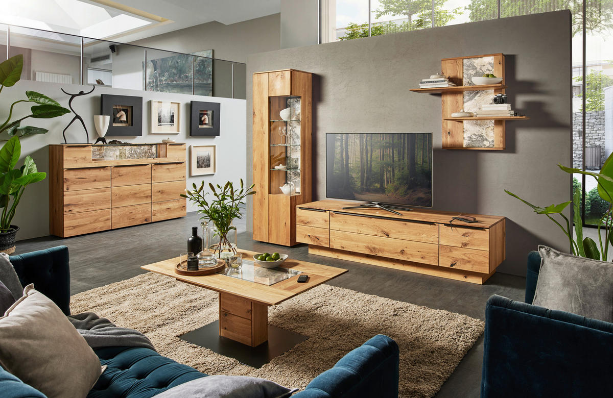 HIGHBOARD Eichefarben  180/119,3/39,5 cm  - Eichefarben/Schwarz, Natur, Glas/Holz (180/119,3/39,5cm) - Valnatura