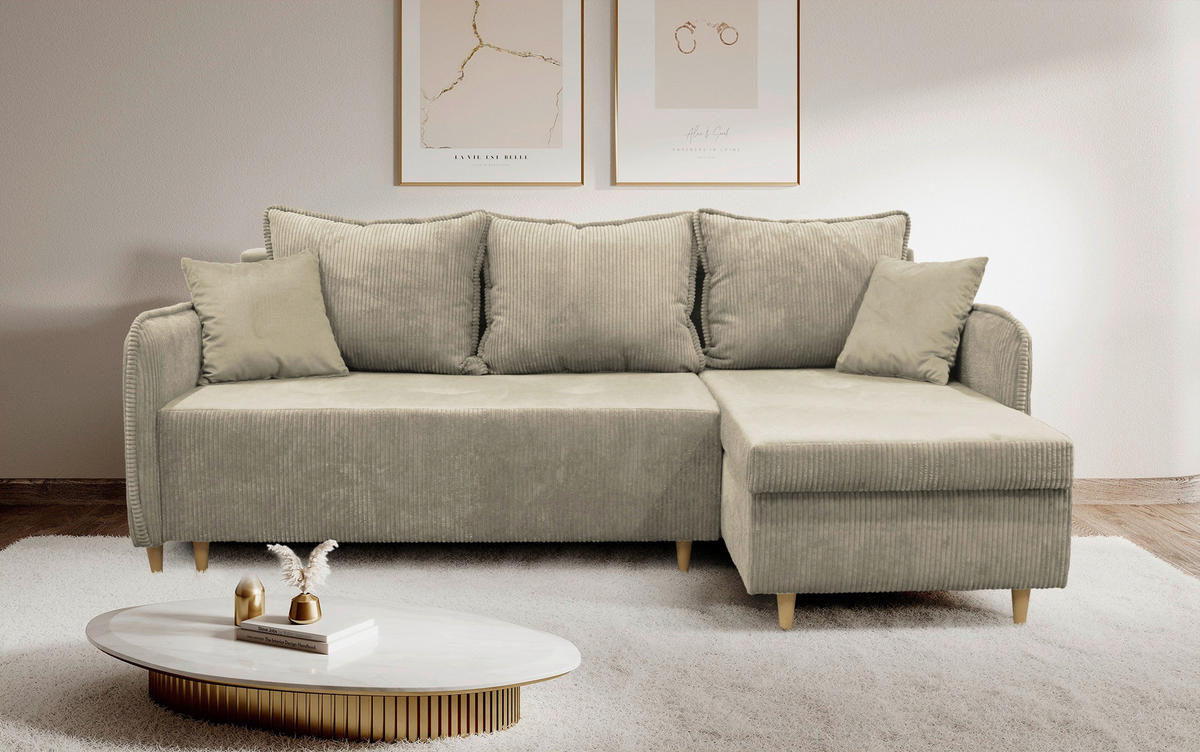 ECKSOFA TEDDY Beige Cord, Bouclé Zierkissen, Rückenkissen, Bettkasten  - Beige/Naturfarben, Design, Holz/Textil (215/142cm) - MID.YOU