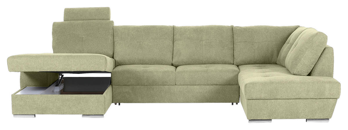 WOHNLANDSCHAFT in Flachgewebe Hellgrün  - Chromfarben/Hellgrün, Konventionell, Kunststoff/Textil (180/338/217cm) - Hom`in