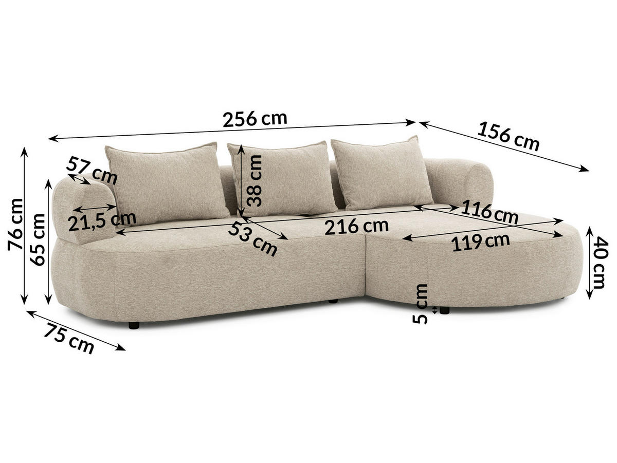 ECKSOFA in Chenille Beige  256/156 cm  - Beige/Schwarz, Design, Kunststoff/Textil (256/156cm) - Livetastic