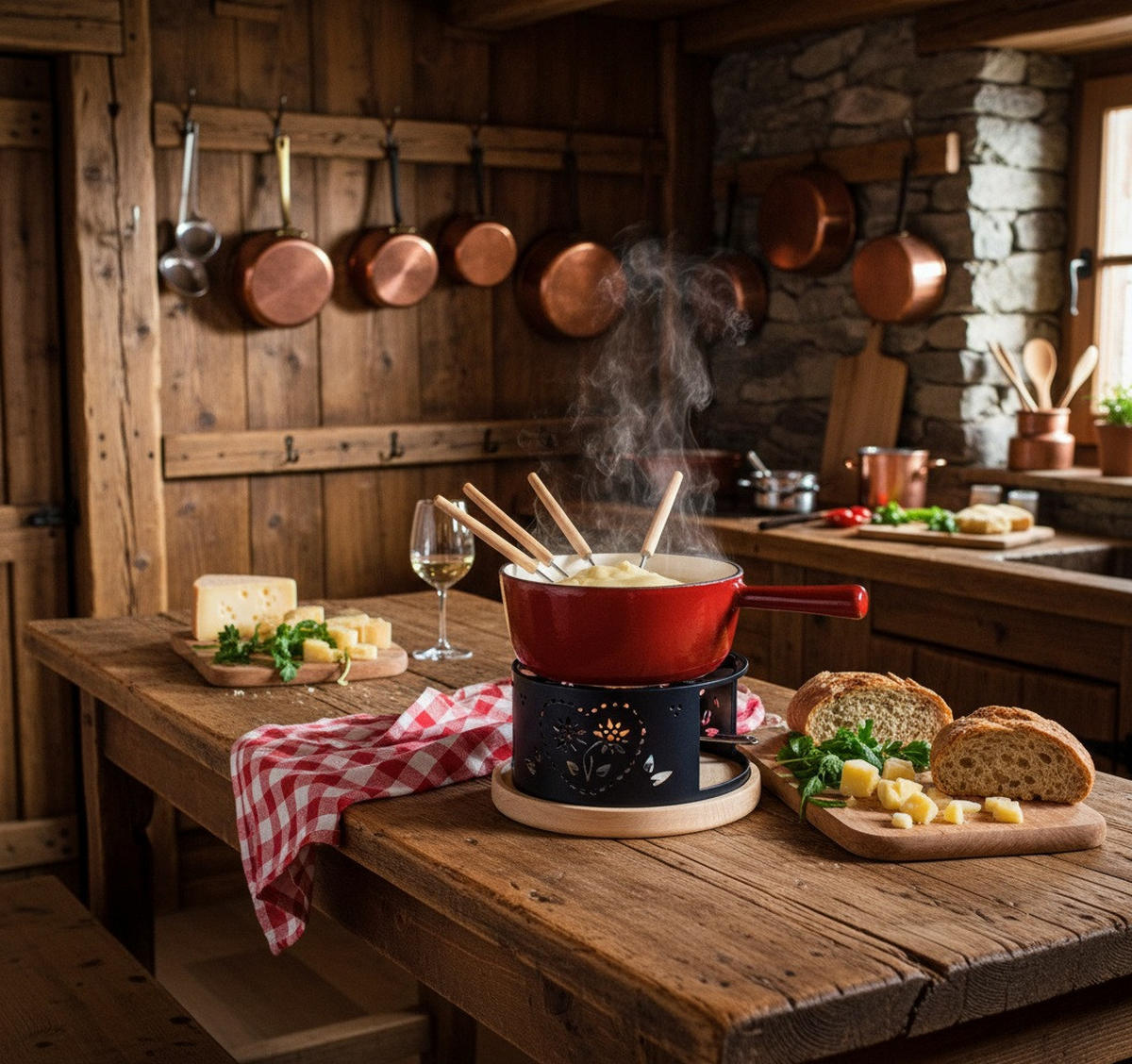 FONDUESET Heidi Cheese Line: Folk Set 2  - Weiss/Rot, Basics, Holz/Metall (46/13/24cm) - Heidi Cheese Line