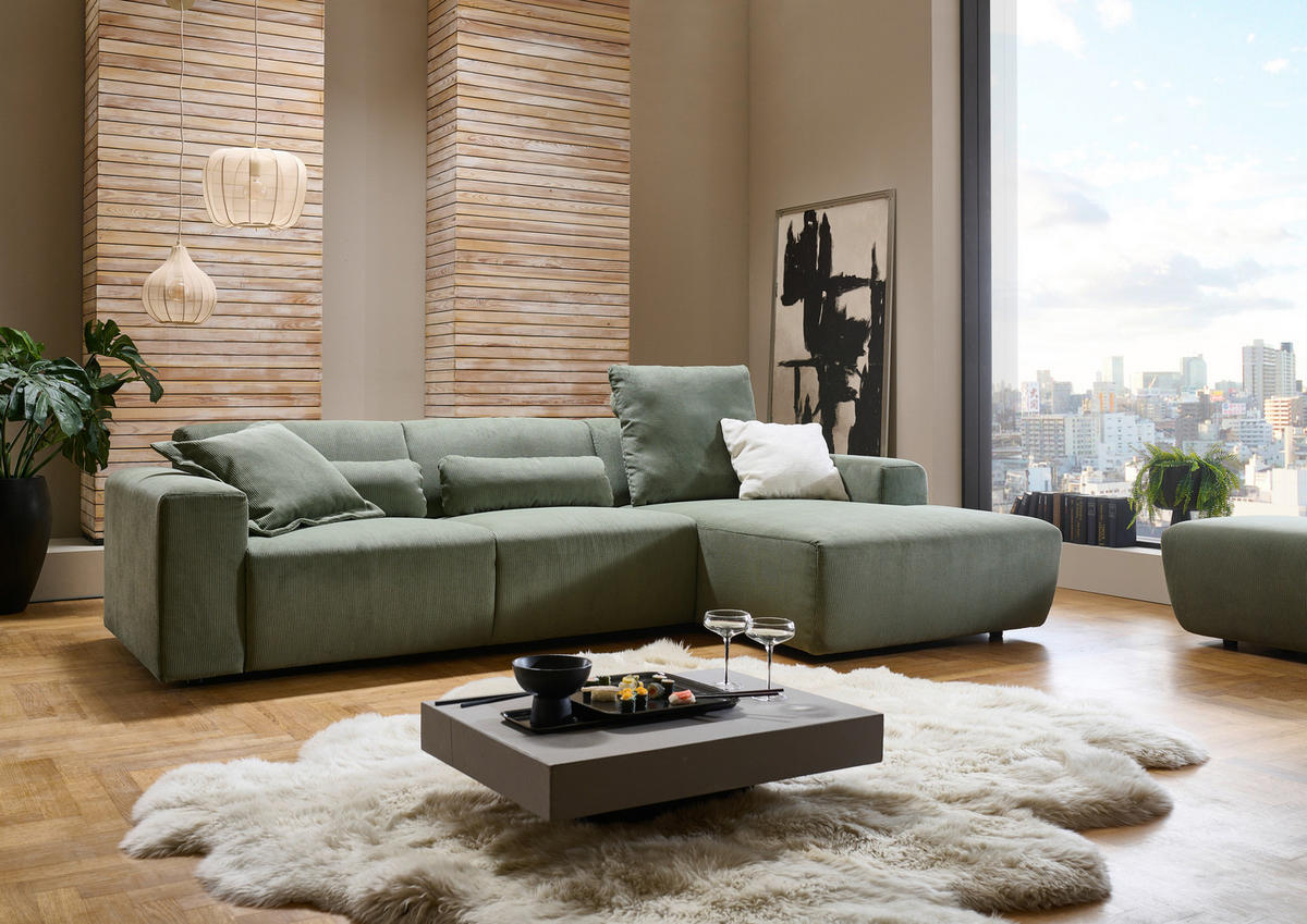 ECKSOFA in Feincord Waldgrün  301/177 cm  - Waldgrün/Schwarz, Design, Kunststoff/Textil (301/177cm) - Beldomo Style