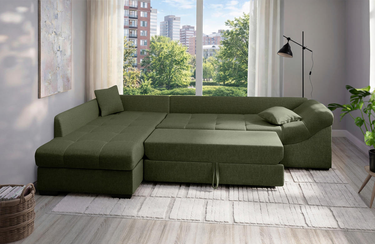 ECKSCHLAFSOFA Alvito Grün Mikrofaser  - Schwarz/Grün, MODERN, Holz/Textil (202/298cm) - MID.YOU