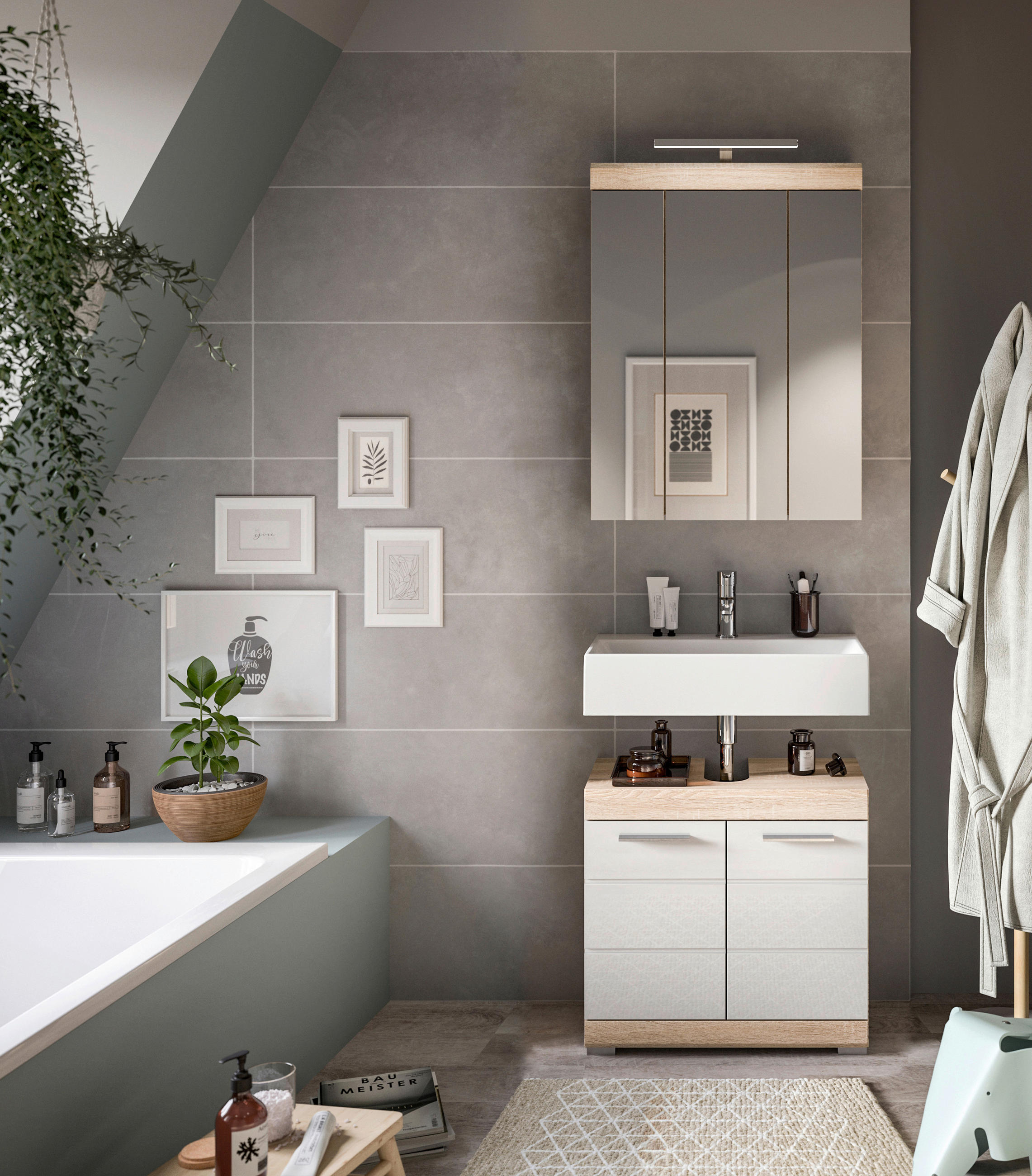 BADEZIMMER 2-teilig in 60 cm - Weiss Hochglanz/Silberfarben, Modern, Glas/Holzwerkstoff (60cm) - MID.YOU