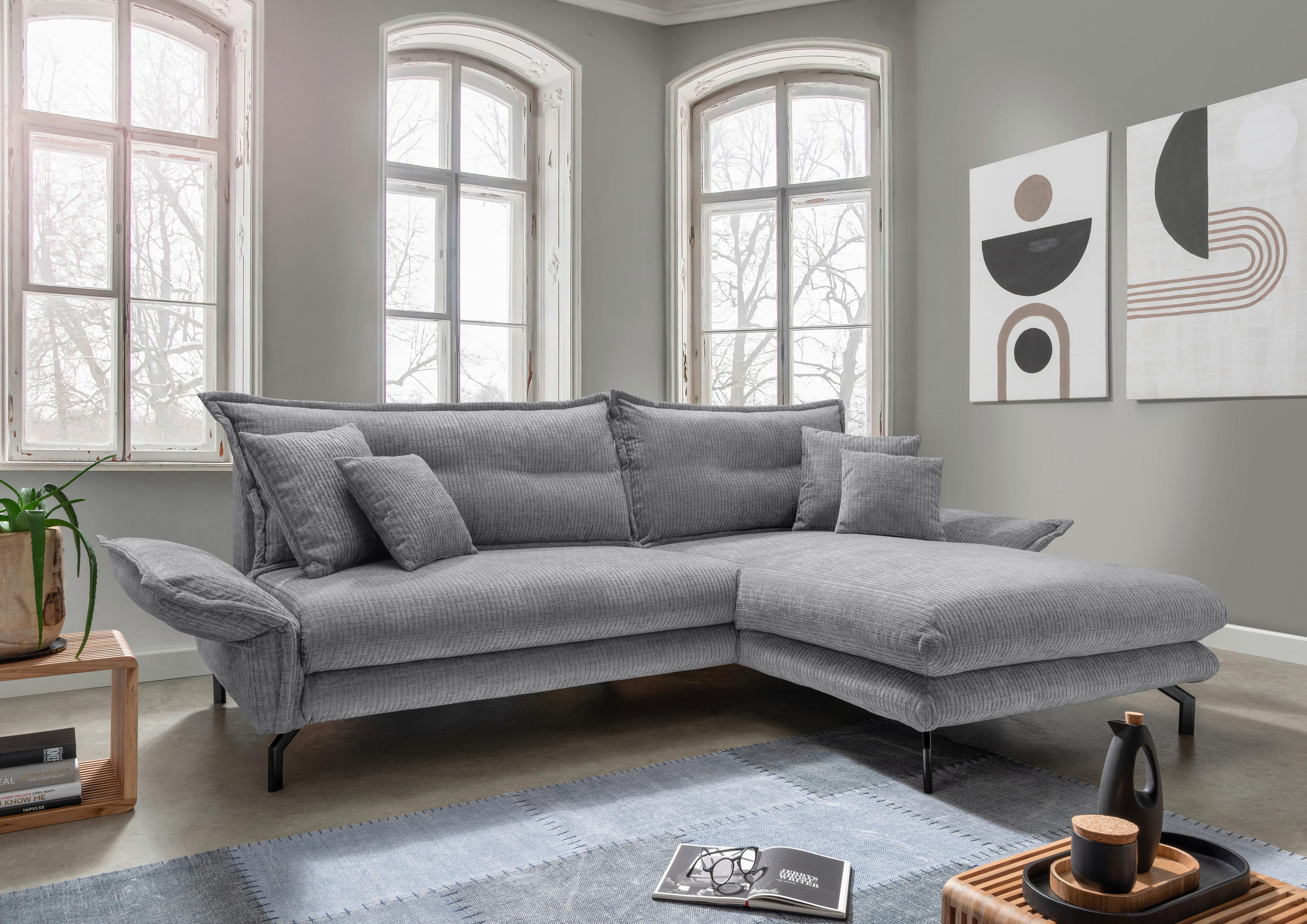 ECKSOFA in Velours Grau  - Schwarz/Grau, Design, Textil/Metall (255/180cm) - Livetastic