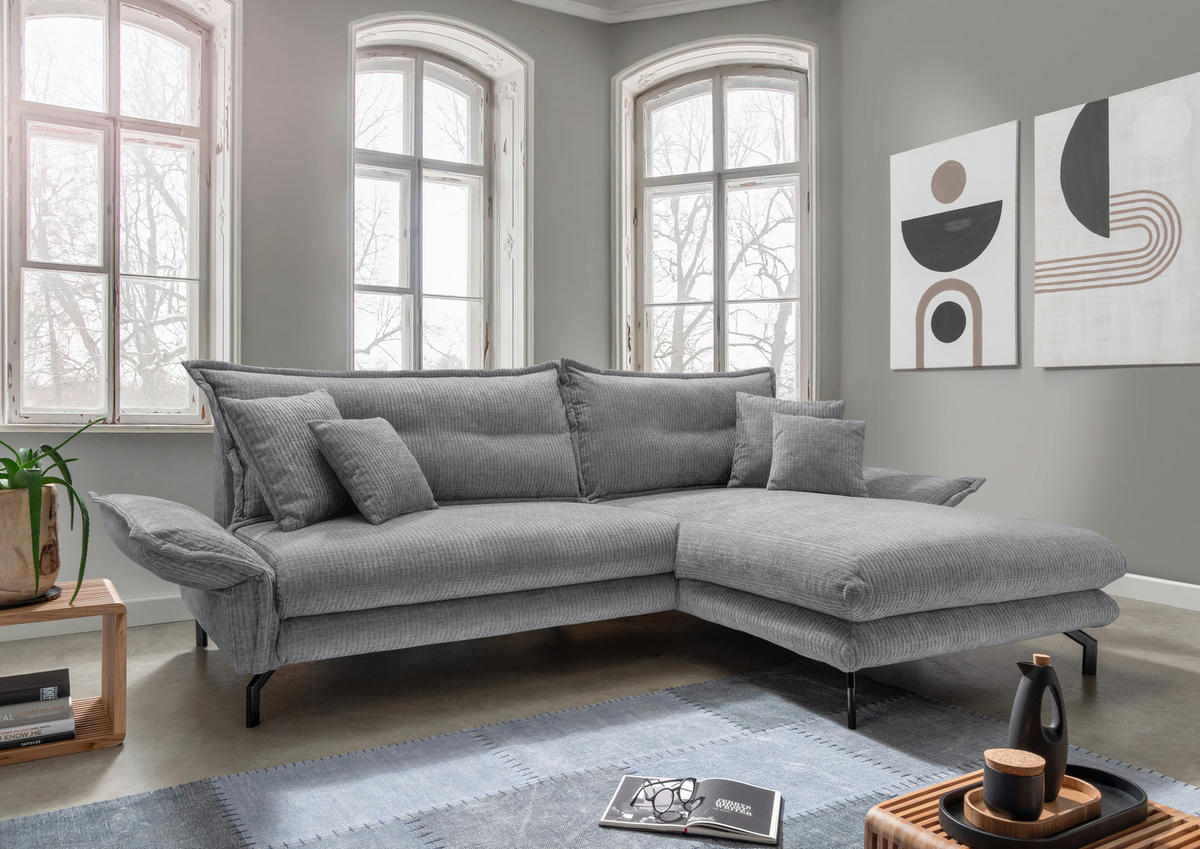 ECKSOFA in Velours Grau  - Schwarz/Grau, Design, Textil/Metall (255/180cm) - Livetastic