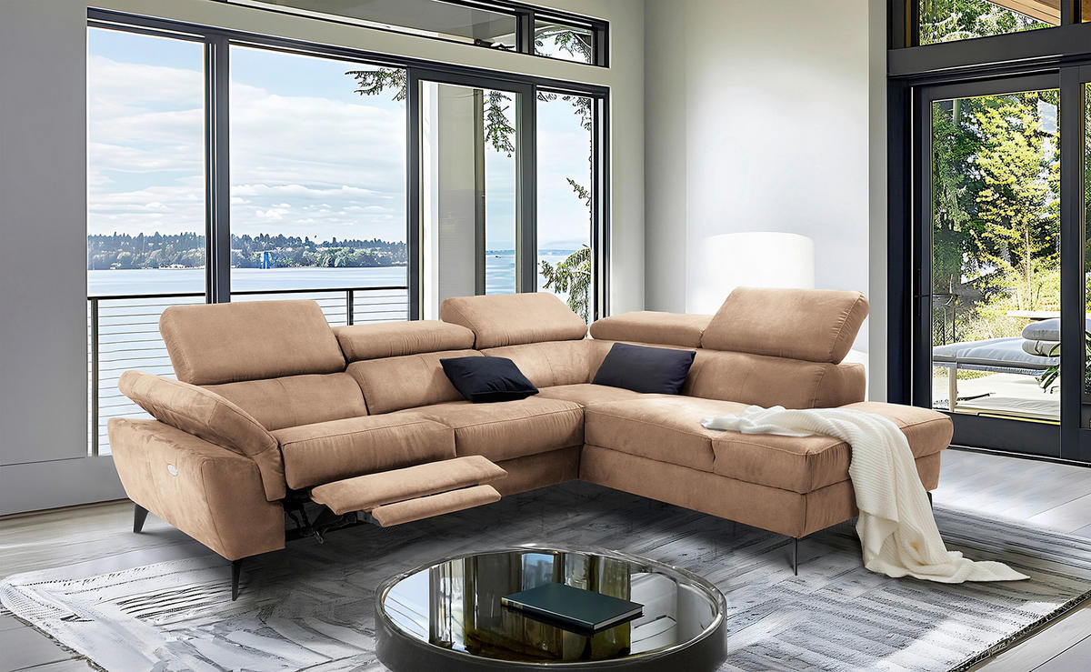ECKSOFA Lederlook Hellbraun  - Hellbraun/Schwarz, Design, Textil/Metall (265/210cm) - Livetastic