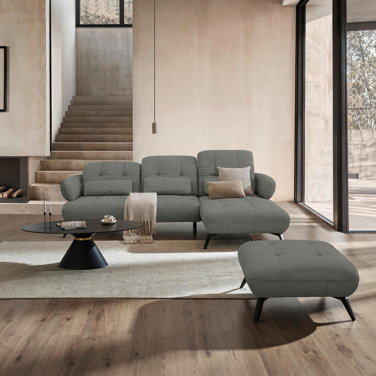 ECKSOFA Chenille Grau  - Schwarz/Grau, Design, Textil/Metall (282/189cm) - Novel