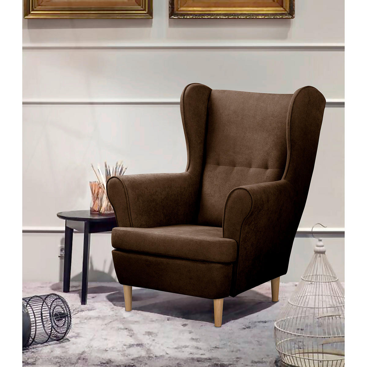 OHRENSESSEL in Mikrofaser Dunkelbraun  - Dunkelbraun/Naturfarben, Design, Holz/Textil (87/105/90cm) - Livetastic