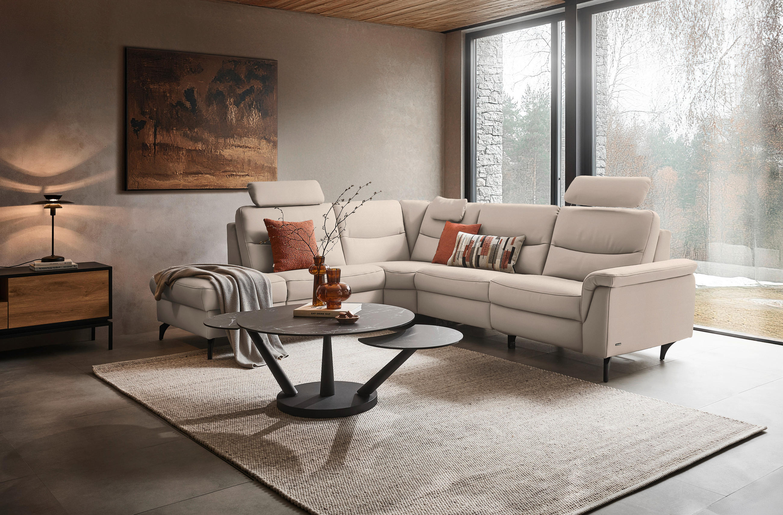 ECKSOFA in Echtleder Creme  249/280 cm  - Anthrazit/Creme, Design, Leder/Metall (249/280cm) - Himolla Komfortklass