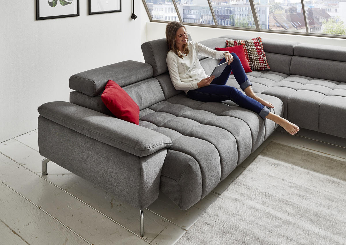 ECKSOFA Grau Chenille  - Chromfarben/Grau, Design, Textil/Metall (323/222cm) - Beldomo Style