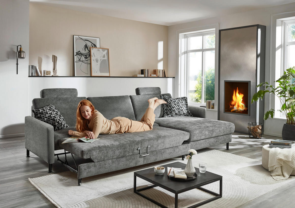 ECKSOFA in Chenille, Flachgewebe Dunkelgrau  - Dunkelgrau/Schwarz, Design, Textil/Metall (316/175cm) - Dieter Knoll