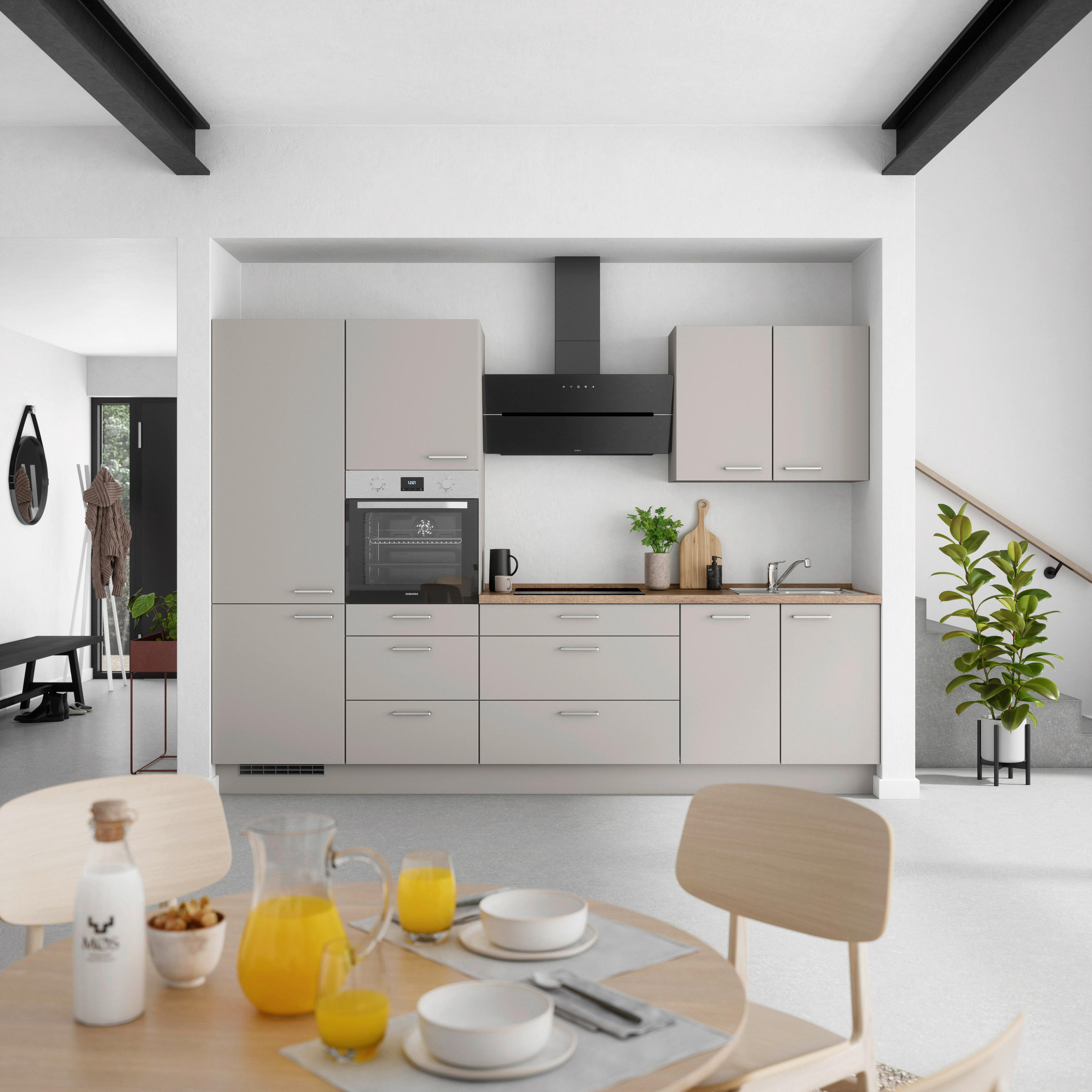 KÜCHENBLOCK 300 cm   in Grau, Eiche dunkel  - Eiche dunkel/Edelstahlfarben, MODERN, Holzwerkstoff/Metall (300cm) - Nobilia