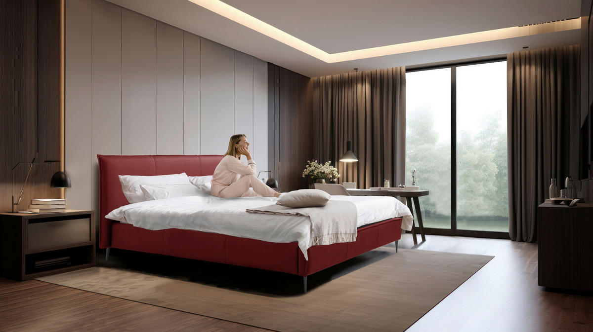 POLSTERBETT 180/200 cm,  in Rot, gepolstertes Kopfteil, Lattenrost, Bettkasten,  - Rot/Schwarzchrom, KONVENTIONELL, Leder/Holz (180/200cm) - Esposa