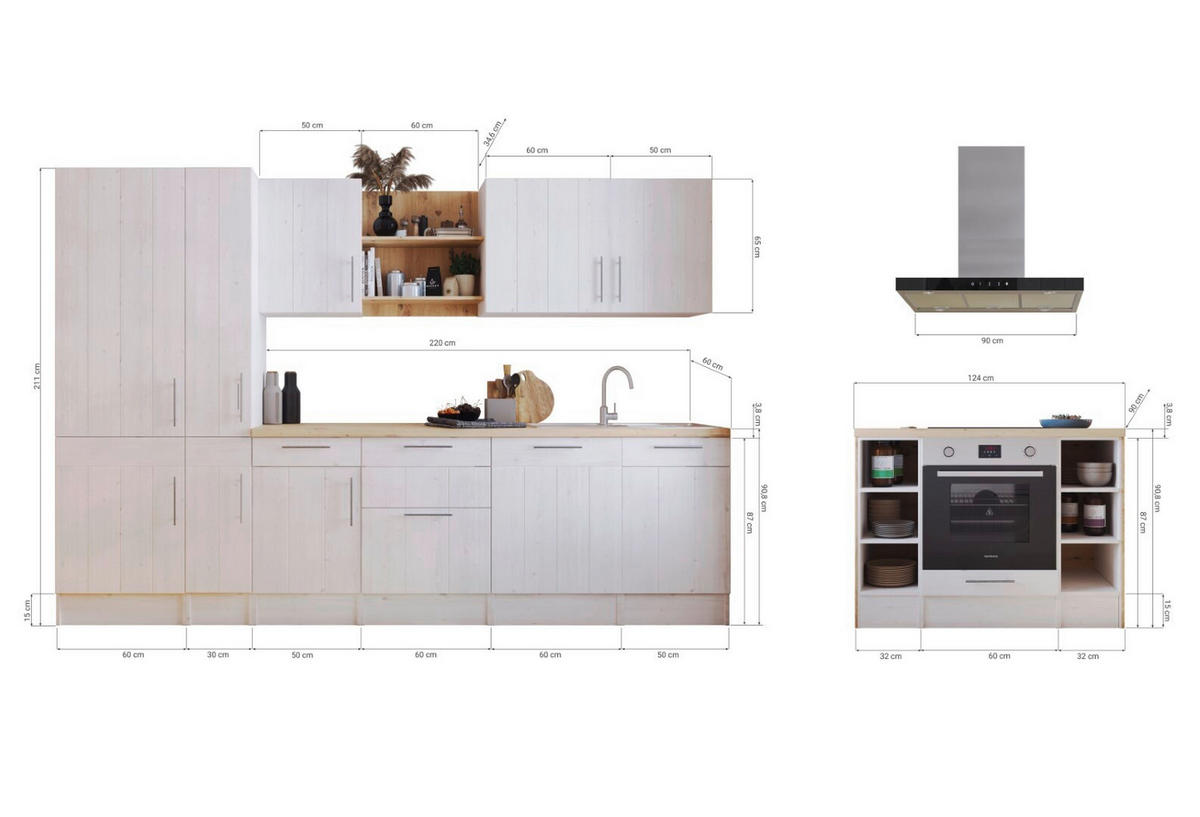 MODULKÖK 310-124 cm   i vit, lärkfärgad  - stålfärgad/vit, Lifestyle, metall/trämaterial (310-124cm) - Respekta