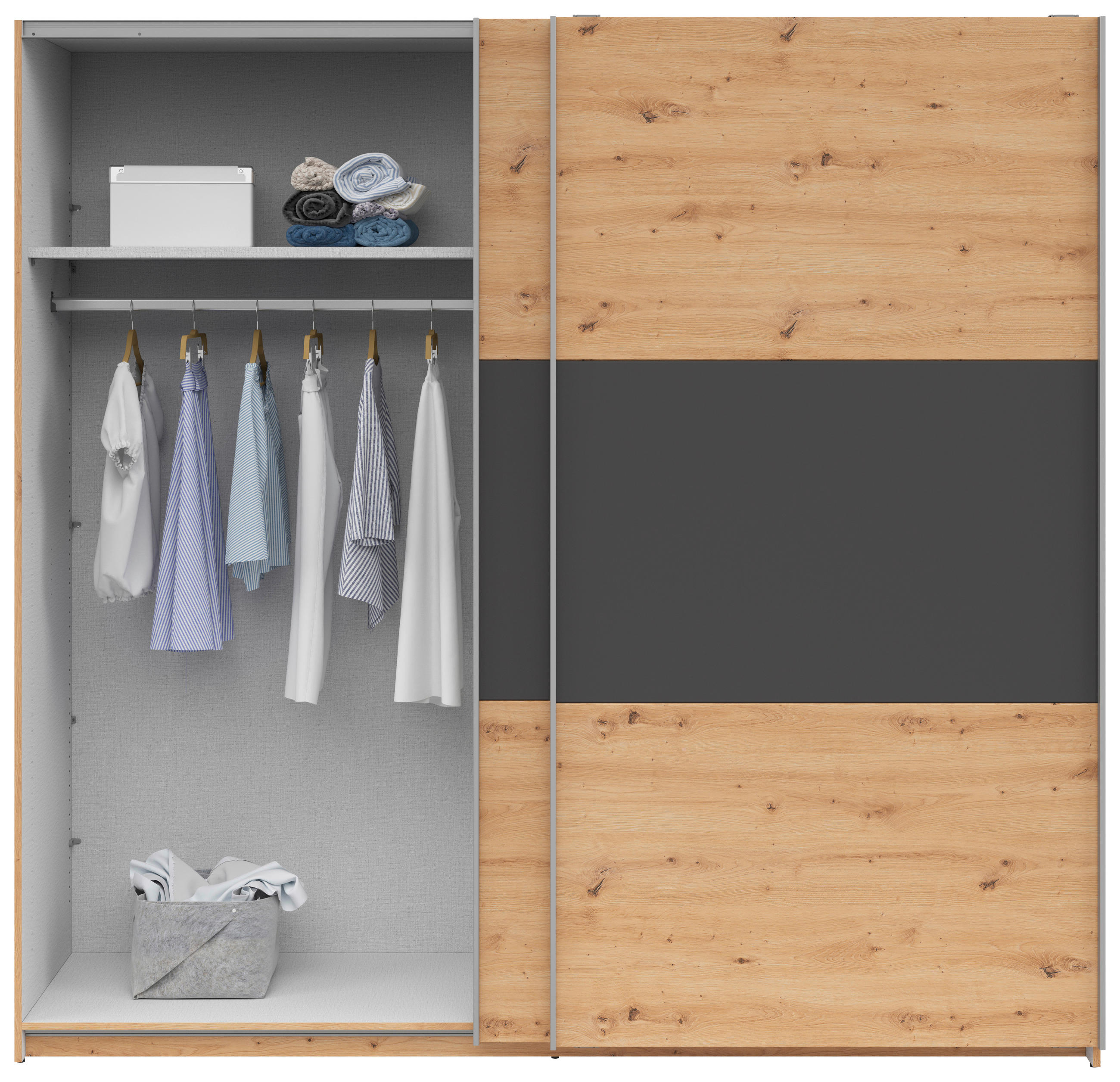 SCHWEBETÜRENSCHRANK 218/210/59 cm 2-türig Graphitfarben, Eiche Artisan  - Silberfarben/Graphitfarben, KONVENTIONELL, Holzwerkstoff/Metall (218/210/59cm)
