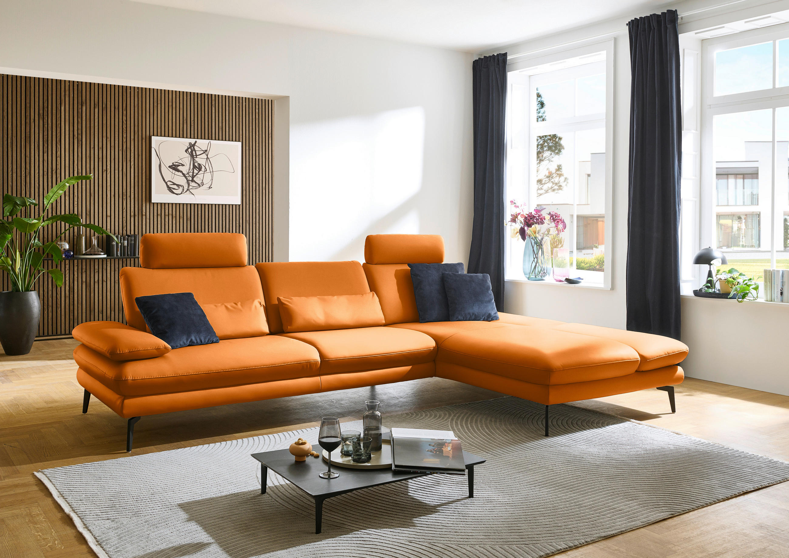ECKSOFA in Echtleder Orange  - Schwarz/Orange, Design, Leder/Metall (308/195cm) - Dieter Knoll